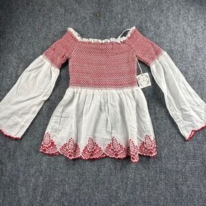 Poof New York Smocked Off Shoulder Top White Red Embroidered Bell Sleeve Small